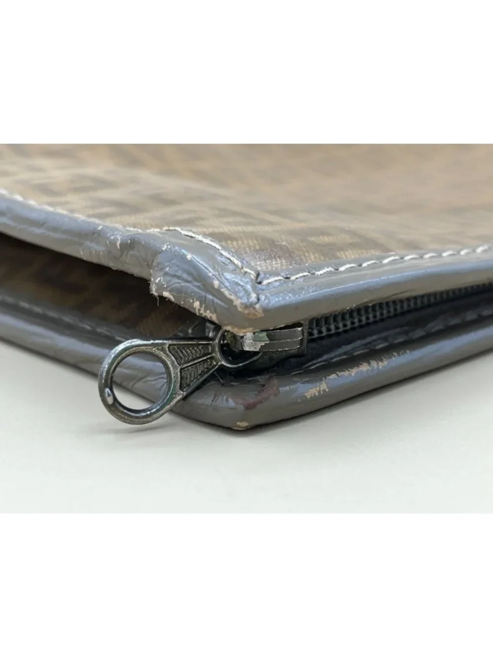 Fendi Vintage Zucca Pattern Clutch Bag With Zipper Closure & Brown/Gray Leather
